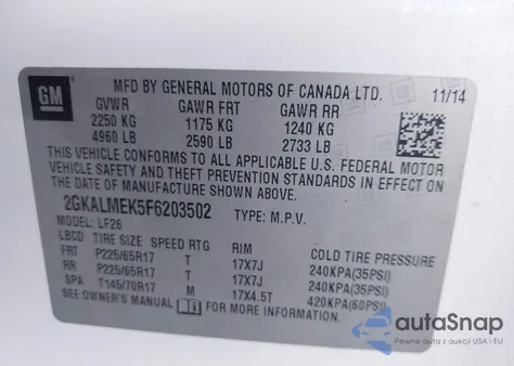 2015 GMC Terrain Sle-1 from USA, damaged, VIN 2GKALMEK5F6203502